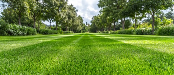 Fototapeta premium Lush Green Lawn Trees Nature Background Landscaping Garden Park Meadow Spring Summ