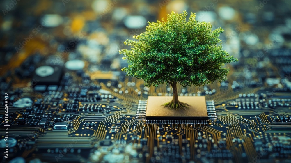 Poster tree growing from microchip surrounded by circuit board elements