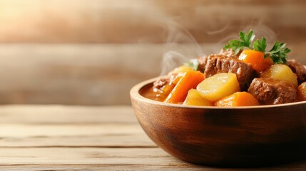 Bowl of vibrant vegetable stew with colorful diced veggies, served with bread slices on a wooden background. Concept: rustic heartiness