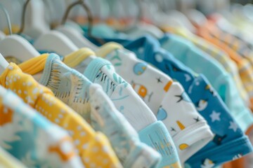 Many different colorful children's clothes hanging on hangers in a retail store