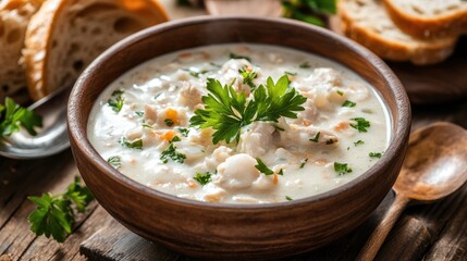 Creamy Seafood Chowder in Wooden Bowl with Fresh Ingredients