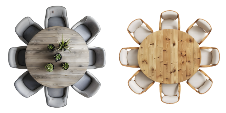 Top view of dining table with chairs. Generative AI.