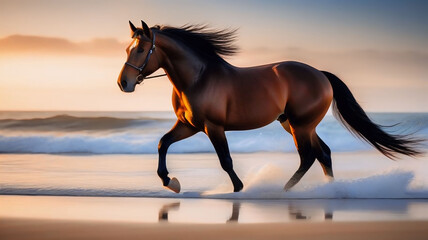 Brown horse running on the beach