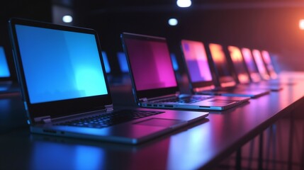 Digital workspace illuminated with colorful screens during a tech workshop at night