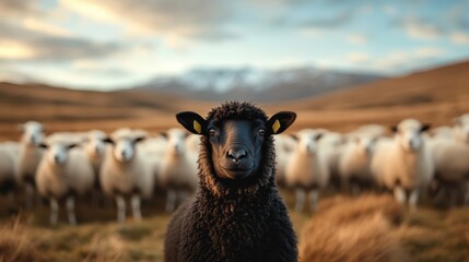 Fototapeta premium In an expansive field, a solitary black sheep stands front and center, surrounded by a flock of cohesive white sheep under a partly cloudy sky and distant mountains.
