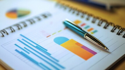 Fototapeta premium Analyzing business metrics with colorful charts and a pen on a notepad in an office setting