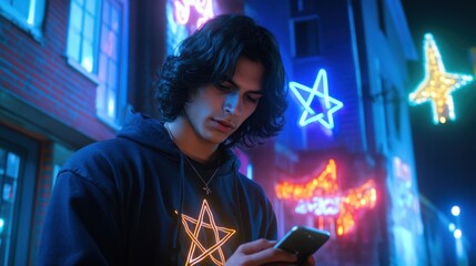 Obraz premium A young man gazing at a glowing smartphone, with a galaxy effect on his hoodie and a neon-lit cityscape in the background.
