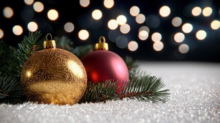 Festive Christmas Ornaments  Gold   Red Baubles  Pine Branch  Sparkling Snow  Holiday Deco