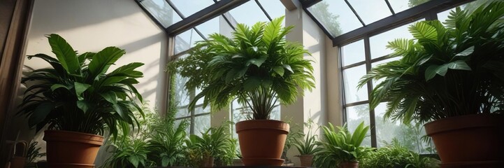 Fototapeta premium High ceiling with skylight and lush greenery in a large potted plant, natural light, airy space, high ceiling