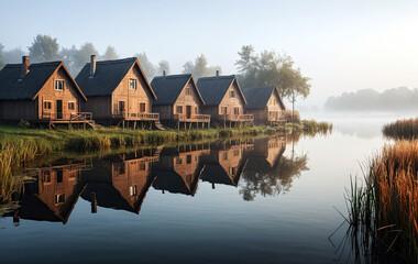 Ethereal Fog in Village with Magical Backdrop of Trees and Serene Landscapes Scenes Background Image
