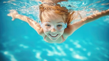 Naklejka premium Young Girl Swimming Underwater in Bright Sunny Pool Water