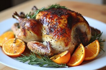 roasted chicken with oranges and rosemary on a white plate