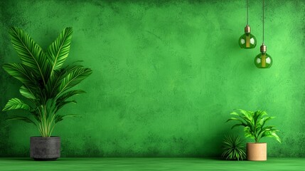 Obraz premium Green Wall Interior Design Plants Lamps Texture