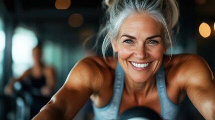 A joyful senior woman with radiant gray hair smiles during her gym workout, symbolizing vitality, happiness, and the importance of an active lifestyle.