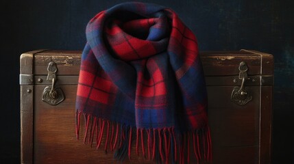 Cozy Red and Blue Checkered Scarf Draped on Vintage Chest
