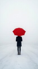 Person with Red Umbrella in Foggy Snowy Landscape