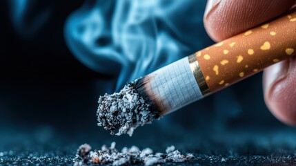 A cigarette being extinguished against a dark surface, showcasing the ash and smoke rising, capturing a sense of finality and the act of quitting smoking.