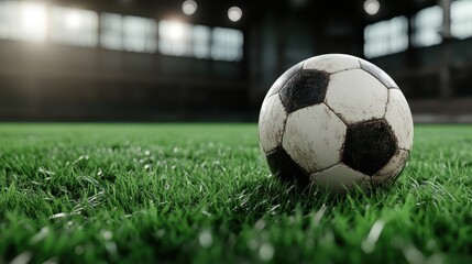 A traditional black and white soccer ball resting on fresh green grass under bright stadium lights, capturing the essence of a game ready to begin.