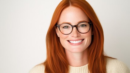 Obraz premium A smiling young woman with vibrant red hair and freckles, wearing a black outfit, against a neutral background, symbolizing natural beauty and confidence.