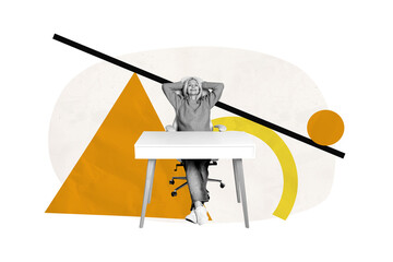 Composite trend artwork sketch image collage of element geometry hurdle small aged lady sit table office armchair relax comfort triangle
