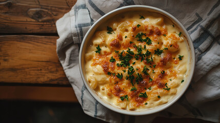 Golden Mac and Cheese Bowl with Creamy Spirals and Fresh Parsley on Rustic Wooden Table