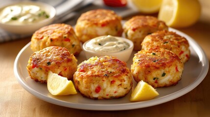 Fototapeta premium Delicious Homemade Crab Cakes with Sauce and Lemon Garnish