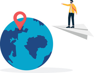 Businessmen stand above plane around globe metaphor of go international. Illustration For Wallpaper, Banner, Background, Book Illustration, And Web Landing Page.

