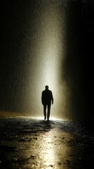 Silhouette of a Person Walking in Rain