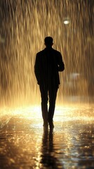 Silhouette of Person in Rain Against City Lights