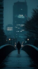 Silhouette on Bridge in Winter Cityscape at Night