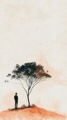 Solitary Figure by Tree on Minimalist Background