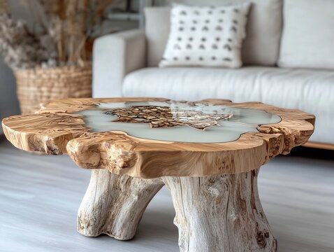 Rustic Wood Coffee Table with Resin Inlay in Cozy Living Room Interior