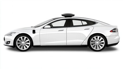Obraz premium A sleek, white sedan featuring a distinctive rooftop sensor, indicative of advanced technology and possibly autonomous driving capabilities.