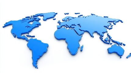 Obraz premium A blue 3D map of the world highlighting continents and oceans, symbolizing global geography and connectivity.