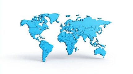 Fototapeta premium A blue 3D map of the world, showcasing continents and oceans against a white background for a clean and modern look.