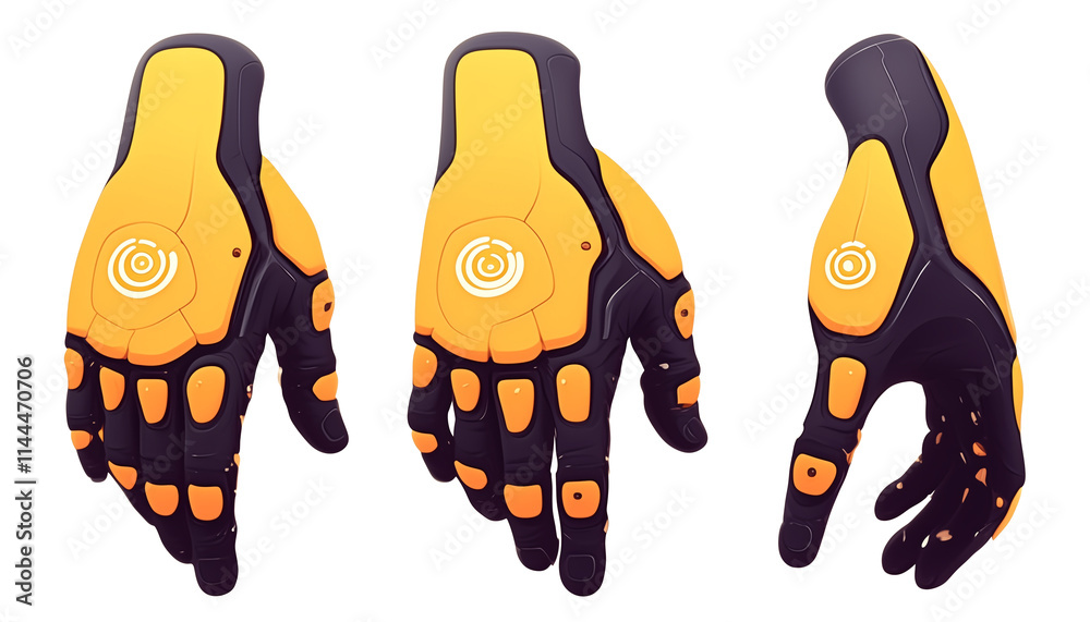 Poster futuristic robotic gloves in yellow and black with advanced design, showcasing sleek and modern aest