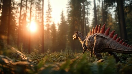 Obraz premium A stegosaurus with spiked back explores a lush forest illuminated by the rising sun, casting soft rays through the trees, creating an enchanting prehistoric ambiance.