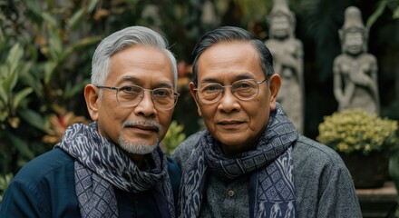 Elderly asian male friends with glasses embracing in garden with sculpture background