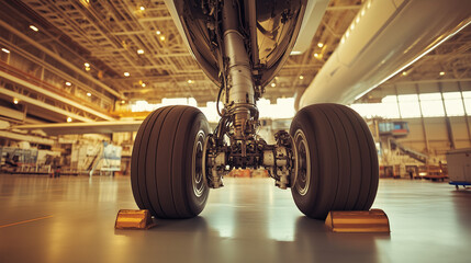 Fototapeta premium Airplane wheel compartment with mechanical components and hydraulic systems, essential for safe landing and takeoff. Precision engineering and aviation safety concepts.