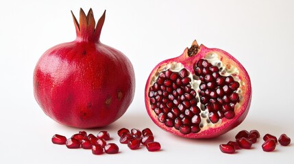 pomegranates, one whole and one halved, with seeds