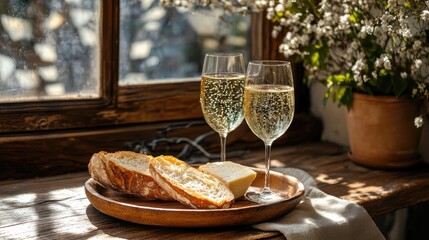 Elegant Display of Sparkling Wine and Fresh Bread by Window