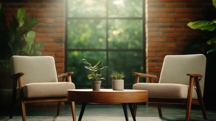 This scene captures a sunlit brick-walled room featuring two mid-century modern chairs and a wooden coffee table adorned with small decorative plants.