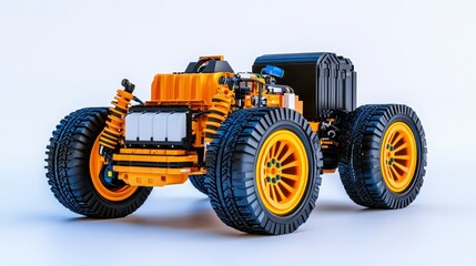 Obraz premium A vibrant, detailed model of a remote-controlled car features large tires and a striking yellow and black color scheme.