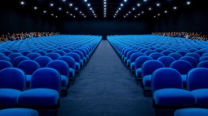 Naklejka premium Empty Blue Auditorium Seats Fashion Show Catwalk Cinematic Lighting
