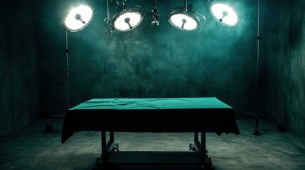 An empty surgical table stands beneath three bright operating lights in a dimly lit operating room, creating a tense and sterile atmosphere.