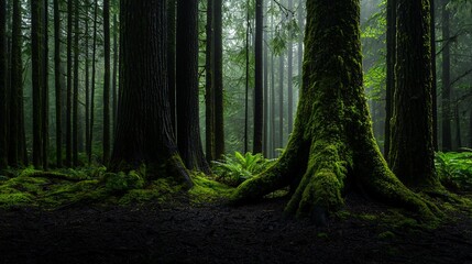 Obraz premium Mossy trees in a misty forest.