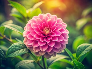 Obraz premium Vintage Pink Flower Green Leaves Photography - Retro Floral Image, Botanical Still Life, Bloom, Nature