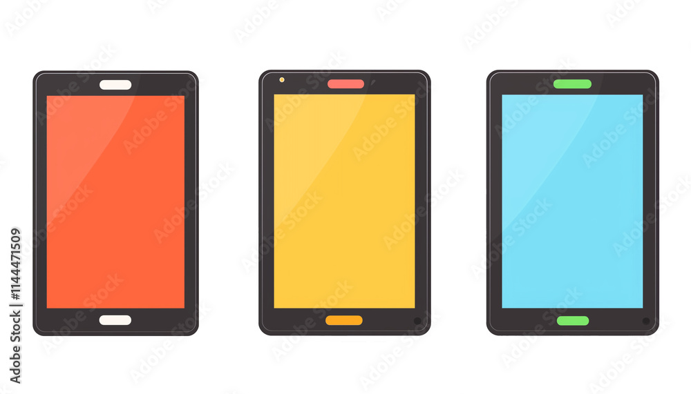 Poster three colorful flat design tablet icons with red, yellow, and blue screens isolated on transparency 