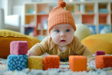 Curious baby wearing orange beanie lying on his stomach on a soft carpet and playing with colorful blocks