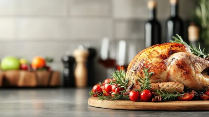 A beautifully cooked whole roasted chicken surrounded by aromatic herbs and fresh vegetables, presenting a savory feast perfect for gathering with family and friends.